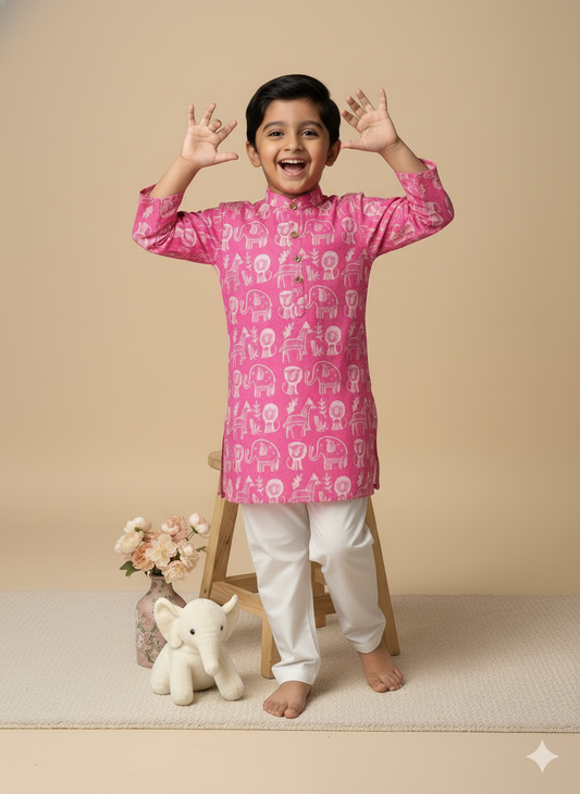 Boys' Traditional Pink Kurta Set with White Pajama