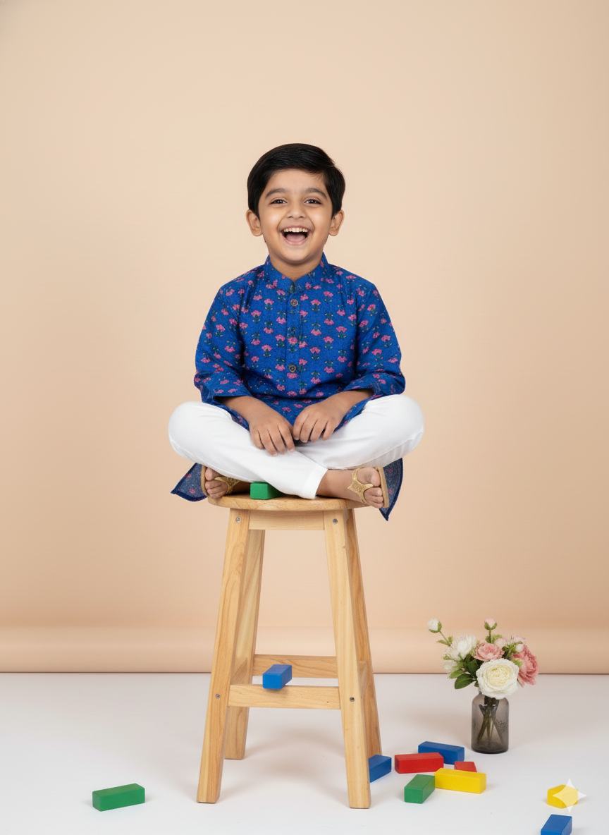 Boys' Traditional Royal Blue Kurta Set with White Pajama