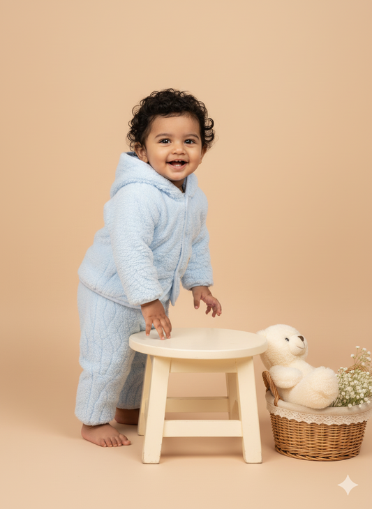 Fluffy Bear Winter Hoodie Set – Sky Blue