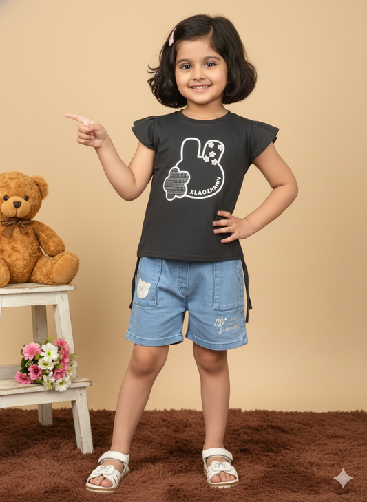 Girl Red Bunny Cotton T-Shirt & Denim Shorts Set