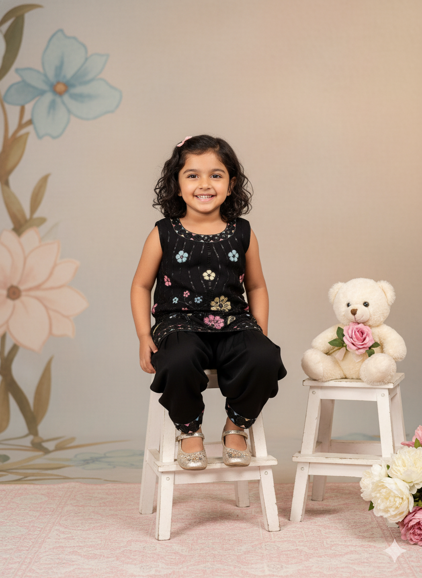 Girls' Black Sparkling Sequin & Floral Embroidery Kurti and Dhoti Pant Set