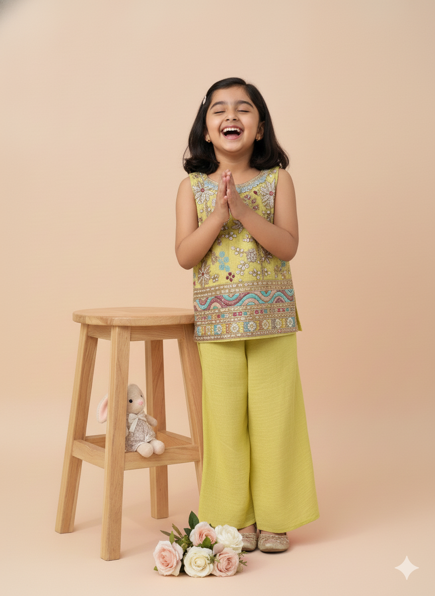 Girls' Lime Green Embroidered Sharara Suit Set