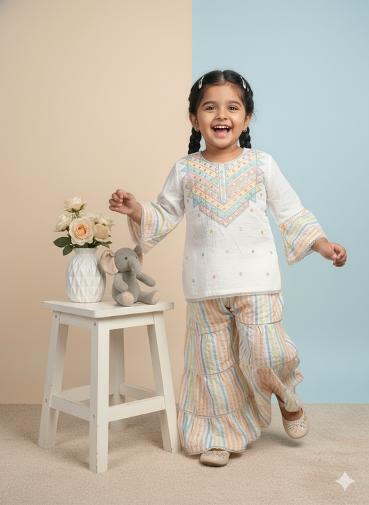 Girls' White Cotton Pastel Rainbow Sharara Set