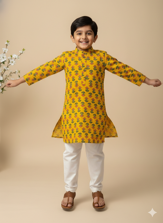 Kesari Bloom Yellow Kids Kurta Pajama Set