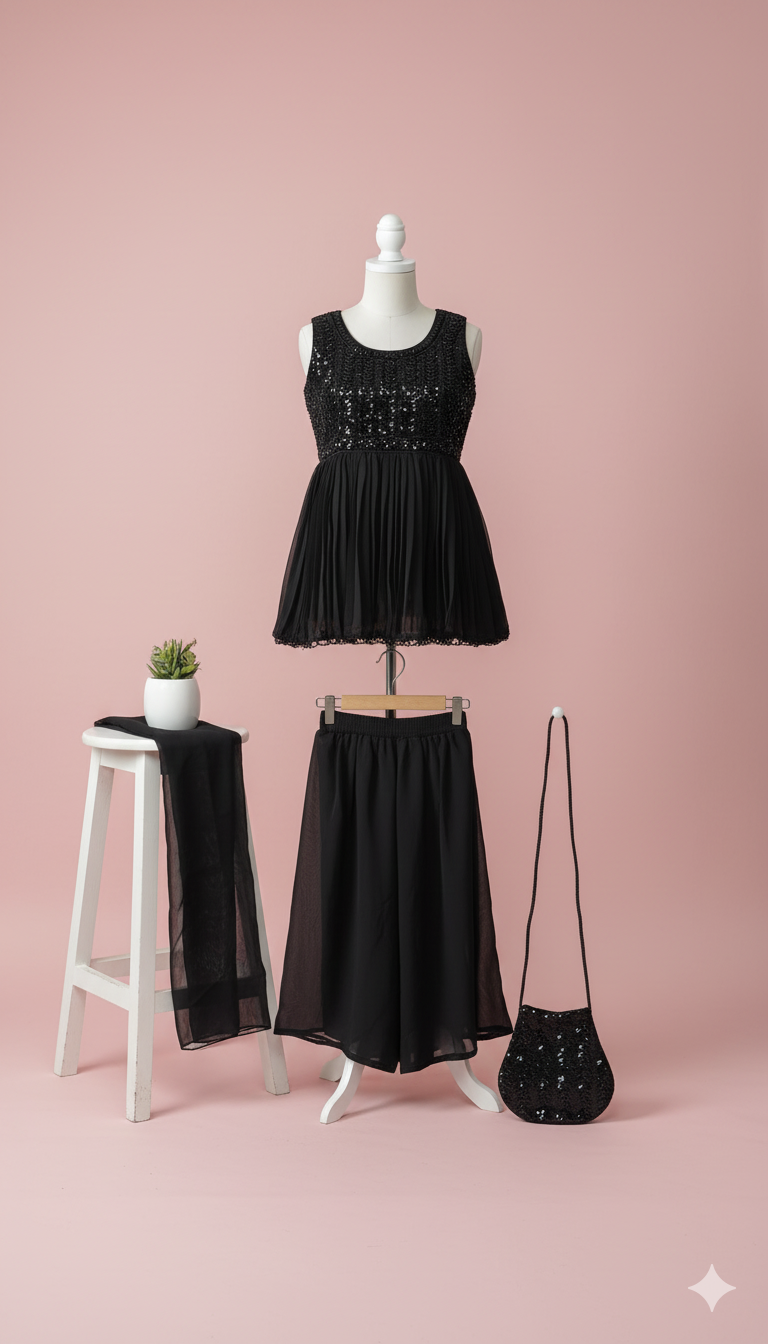 Midnight Sparkle Black Kurti Set