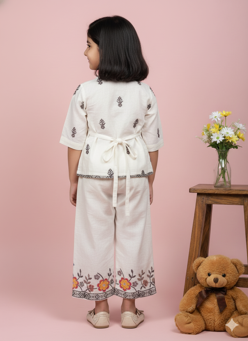 Premium Floral Embroidered Cotton Ethnic Fusion Set