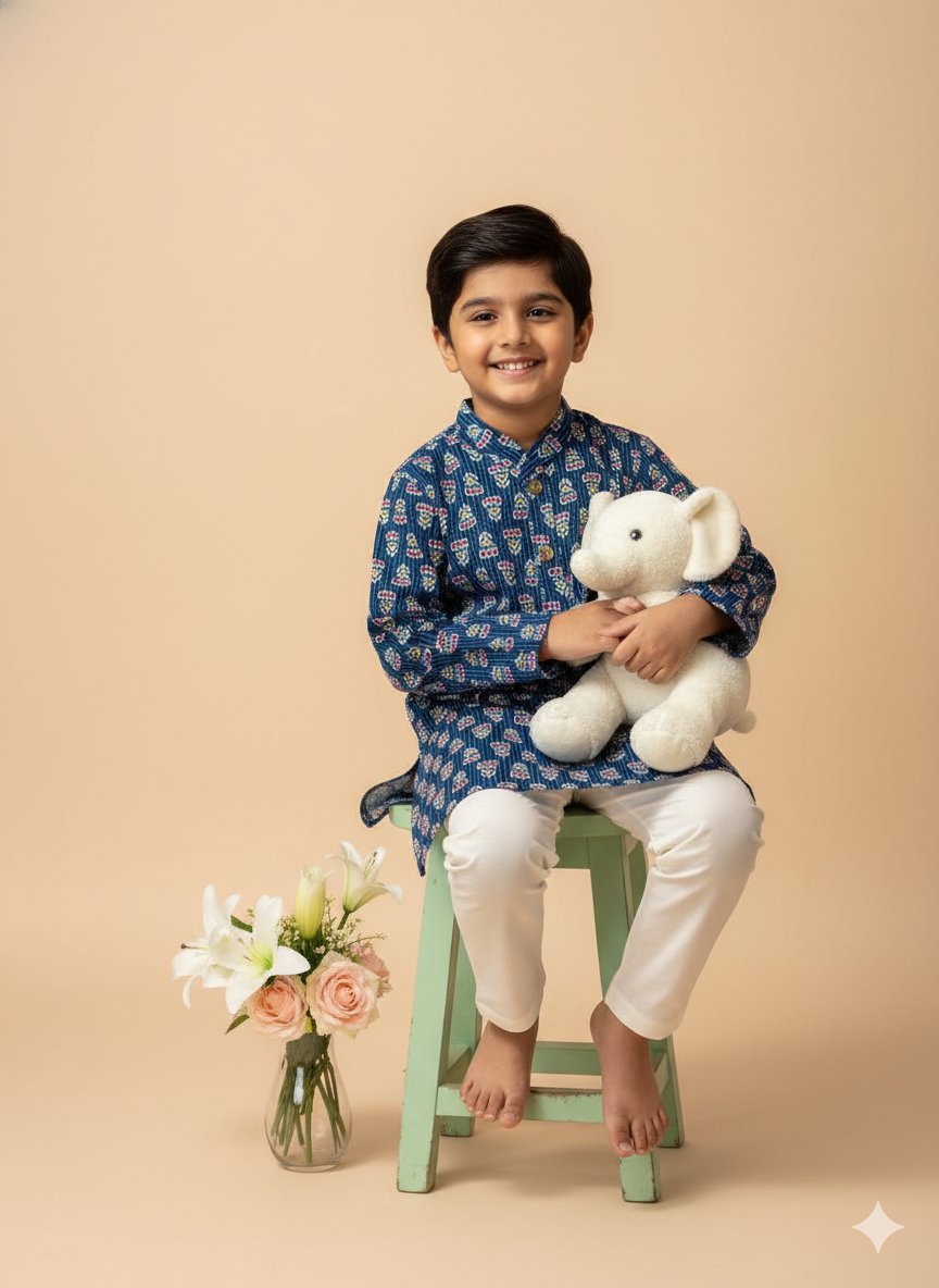 Royal Indigo Print Kids Kurta Pajama Set