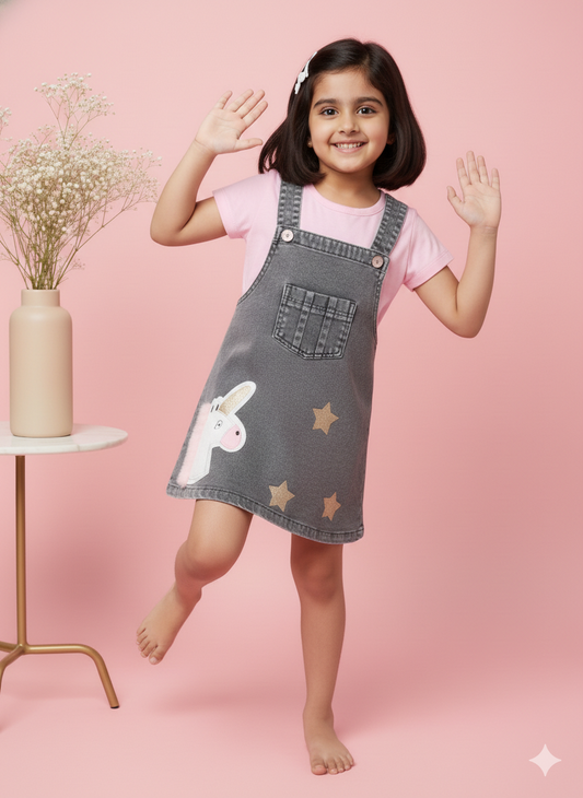Baby Girl Denim Unicorn Pinafore & Pink Top Set