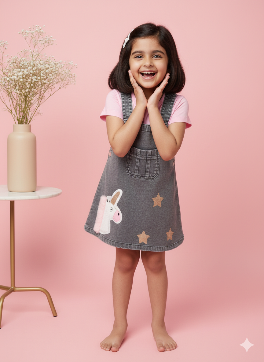 Baby Girl Denim Unicorn Pinafore & Pink Top Set