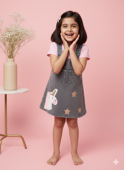 Baby Girl Denim Unicorn Pinafore & Pink Top Set