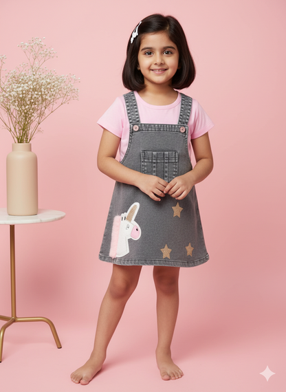 Baby Girl Denim Unicorn Pinafore & Pink Top Set
