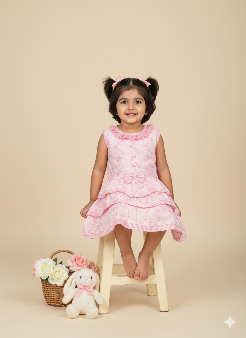Baby Girl Pink Cotton Chikankari Tiered Dress