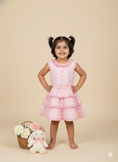 Baby Girl Pink Cotton Chikankari Tiered Dress