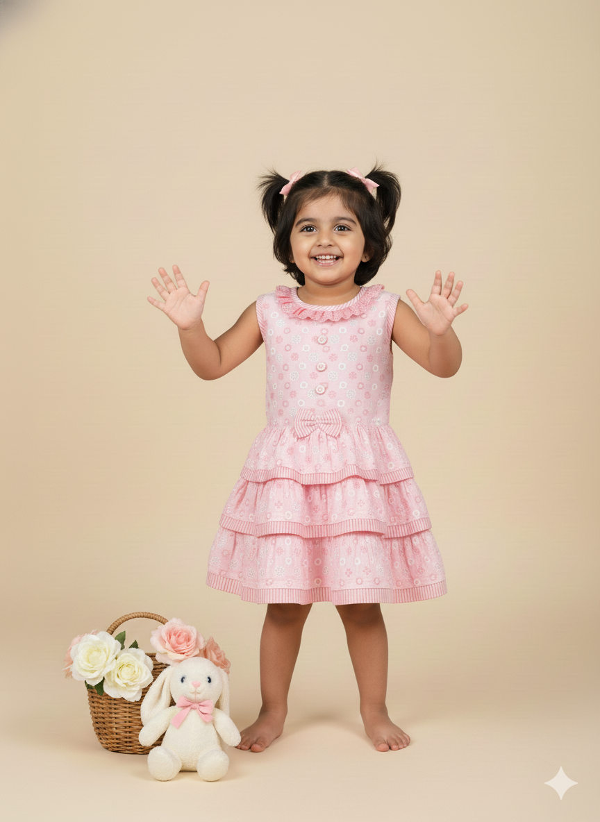 Baby Girl Pink Cotton Chikankari Tiered Dress