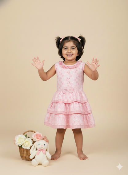 Baby Girl Pink Cotton Chikankari Tiered Dress