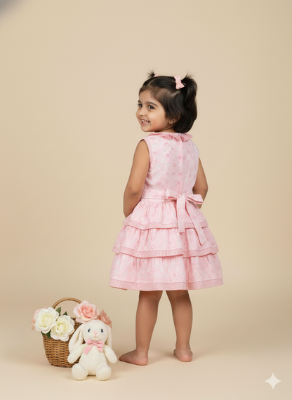 Baby Girl Pink Cotton Chikankari Tiered Dress