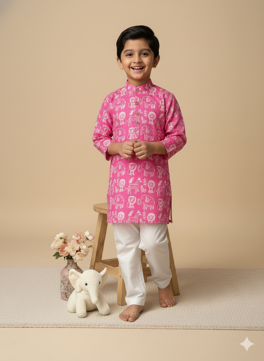 Boys' Traditional Pink Kurta Set with White Pajama