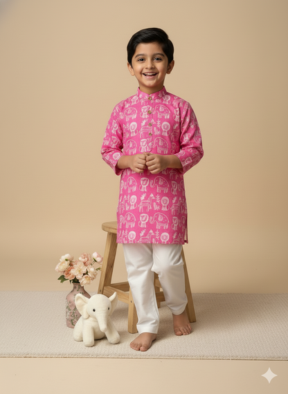 Boys' Traditional Pink Kurta Set with White Pajama