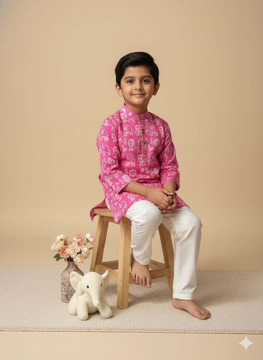 Boys' Traditional Pink Kurta Set with White Pajama