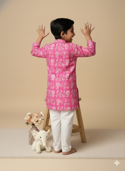 Boys' Traditional Pink Kurta Set with White Pajama