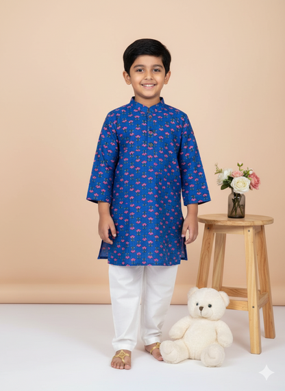 Boys' Traditional Royal Blue Kurta Set with White Pajama