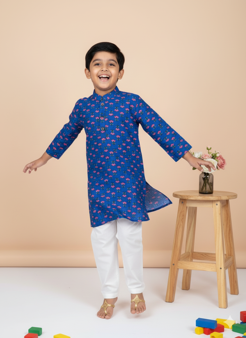 Boys' Traditional Royal Blue Kurta Set with White Pajama