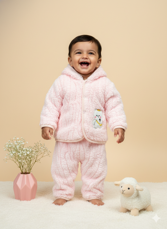 Fluffy Bear Winter Hoodie Set – Blush Pink