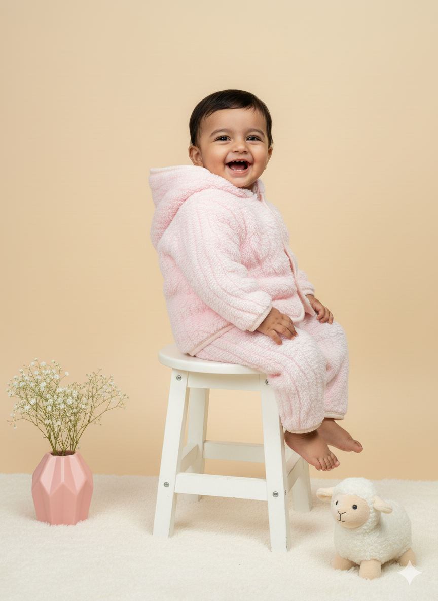Fluffy Bear Winter Hoodie Set – Blush Pink