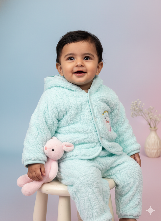 Fluffy Bear Winter Hoodie Set – Sea Green