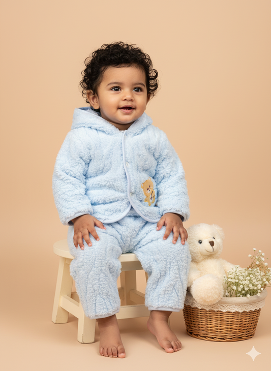 Fluffy Bear Winter Hoodie Set – Sky Blue