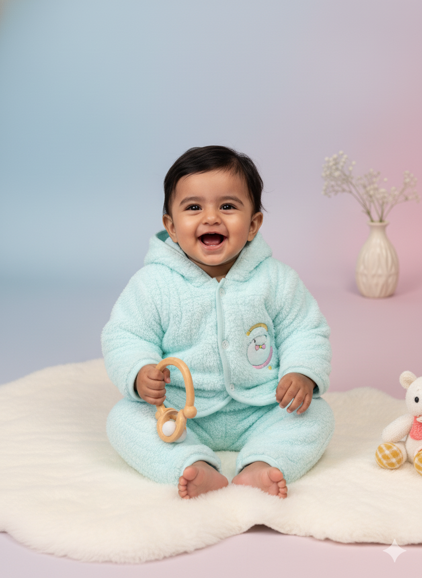 Fluffy Bear Winter Hoodie Set – Sea Green