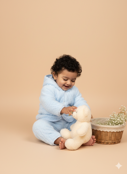 Fluffy Bear Winter Hoodie Set – Sky Blue