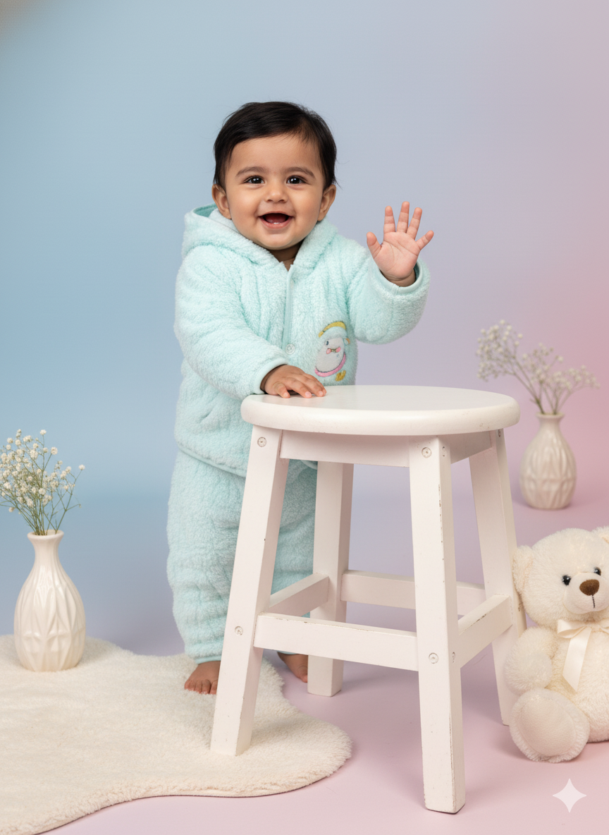 Fluffy Bear Winter Hoodie Set – Sea Green