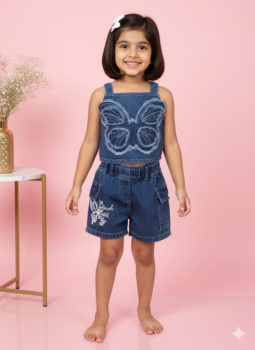 Baby Girl Butterfly Denim Top and Shorts Set