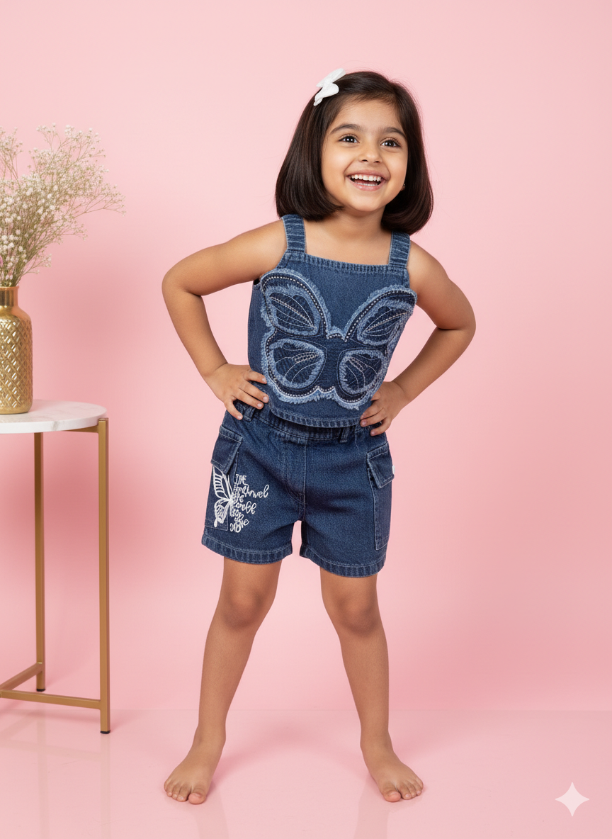 Baby Girl Butterfly Denim Top and Shorts Set