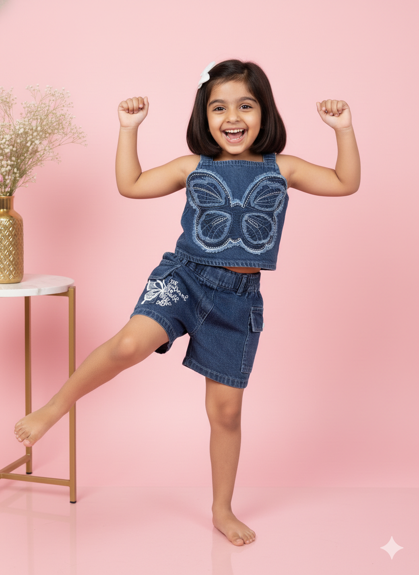 Baby Girl Butterfly Denim Top and Shorts Set