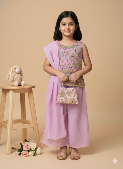Girls' purple Embroidered Sharara Suit Set