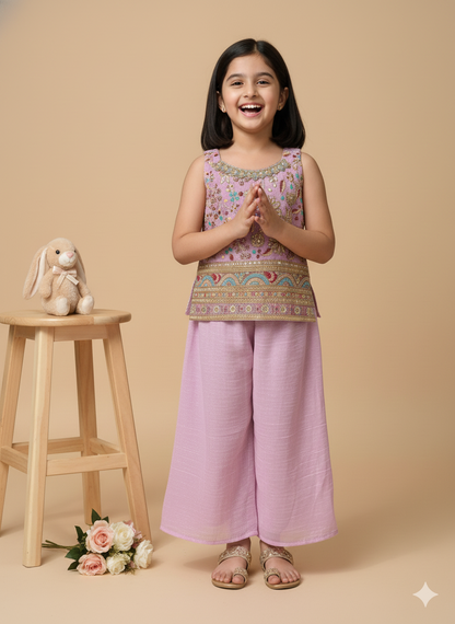 Girls' purple Embroidered Sharara Suit Set