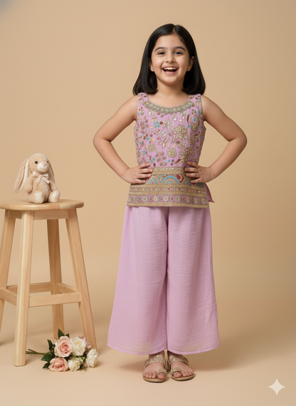 Girls' purple Embroidered Sharara Suit Set