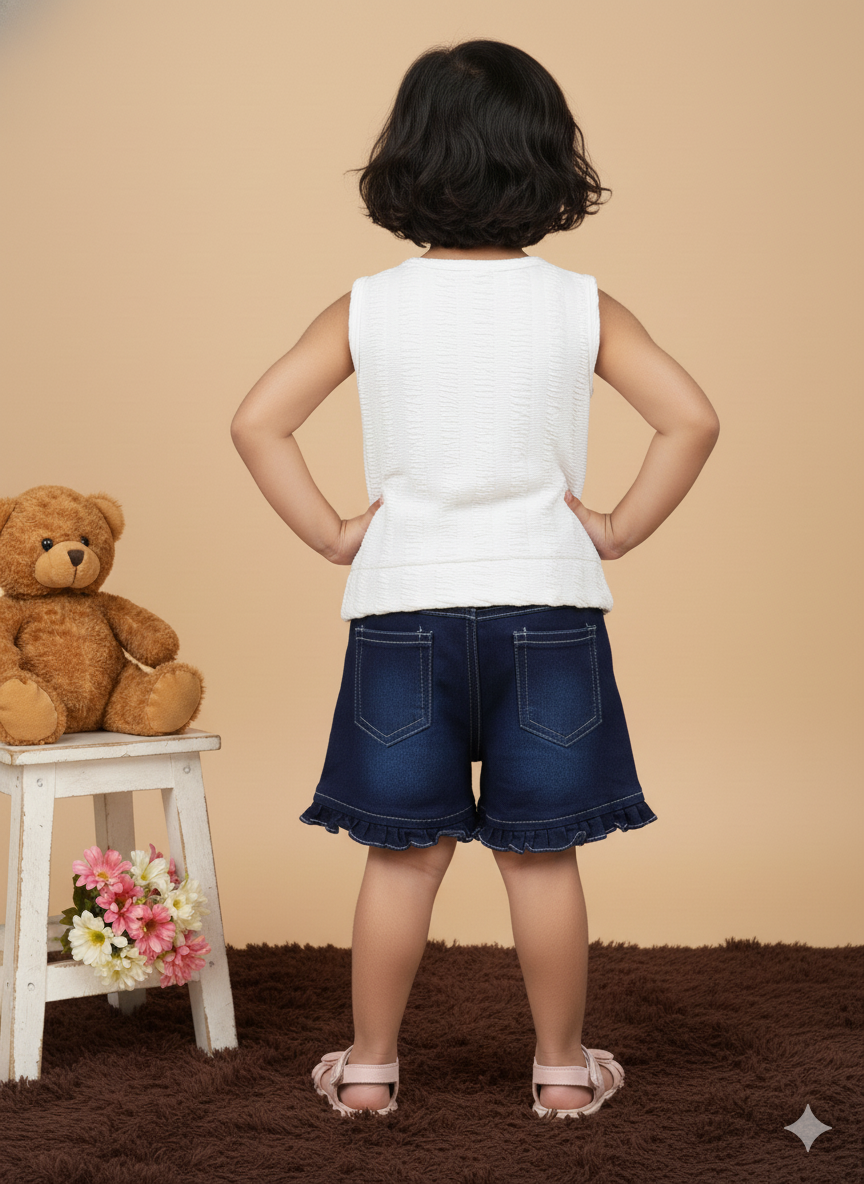 Girl Cotton Teddy Bear Top & Ruffle Denim Shorts Set