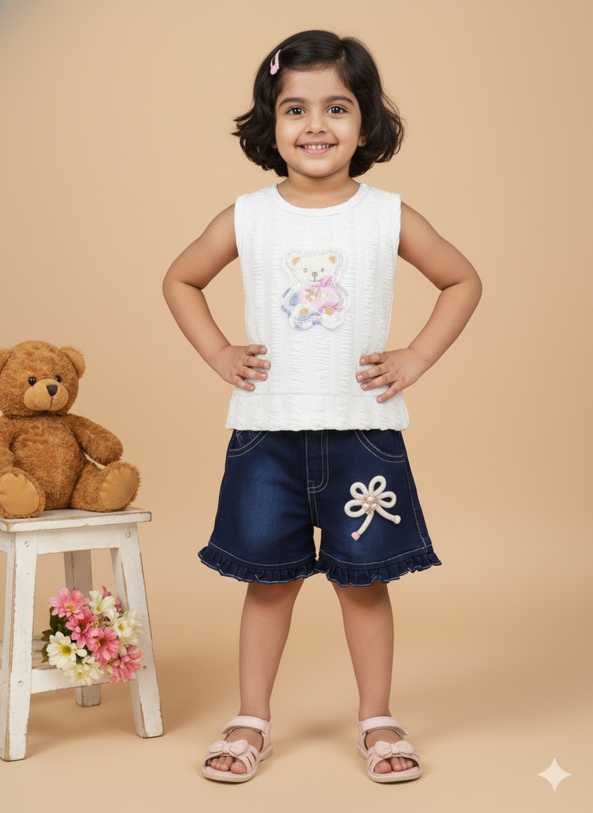 Girl Cotton Teddy Bear Top & Ruffle Denim Shorts Set