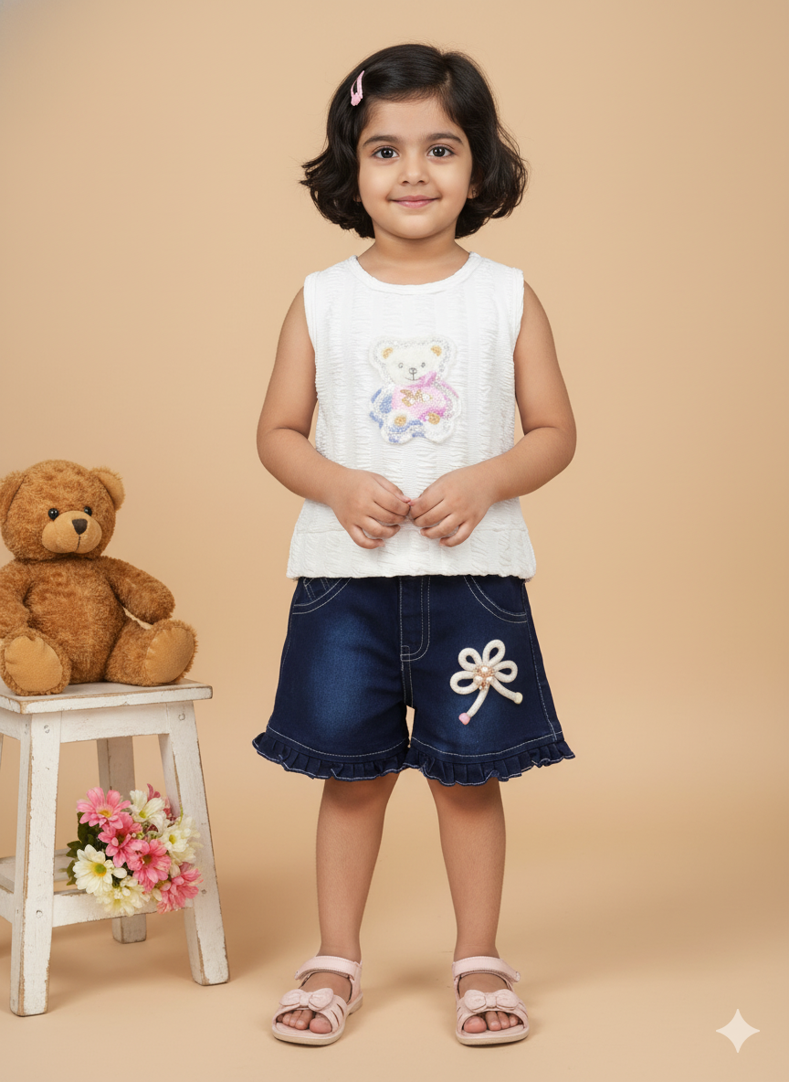 Girl Cotton Teddy Bear Top & Ruffle Denim Shorts Set