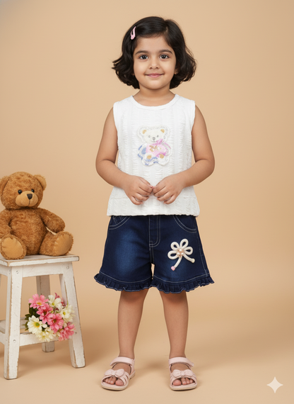 Girl Cotton Teddy Bear Top & Ruffle Denim Shorts Set