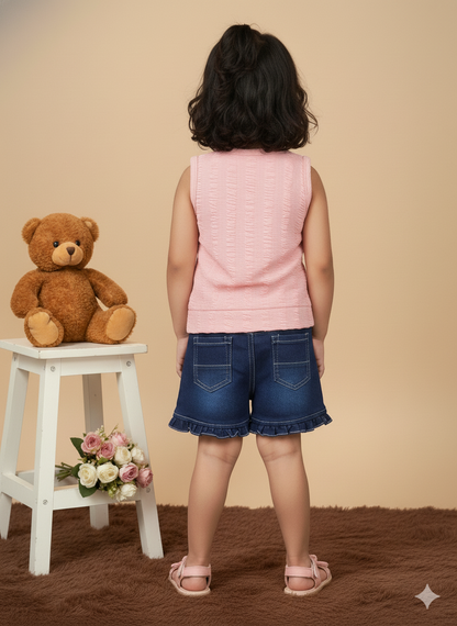 Girl Cotton Teddy Bear Top & Ruffle Denim Shorts Set