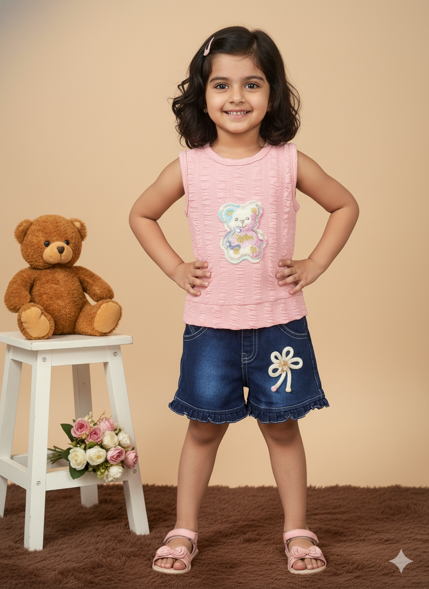 Girl Cotton Teddy Bear Top & Ruffle Denim Shorts Set