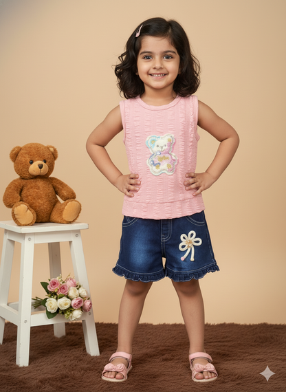Girl Cotton Teddy Bear Top & Ruffle Denim Shorts Set