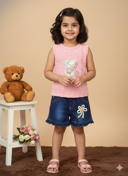 Girl Cotton Teddy Bear Top & Ruffle Denim Shorts Set