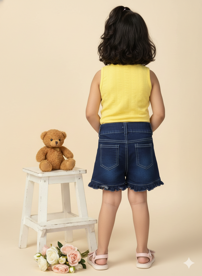 Girl Cotton Teddy Bear Top & Ruffle Denim Shorts Set