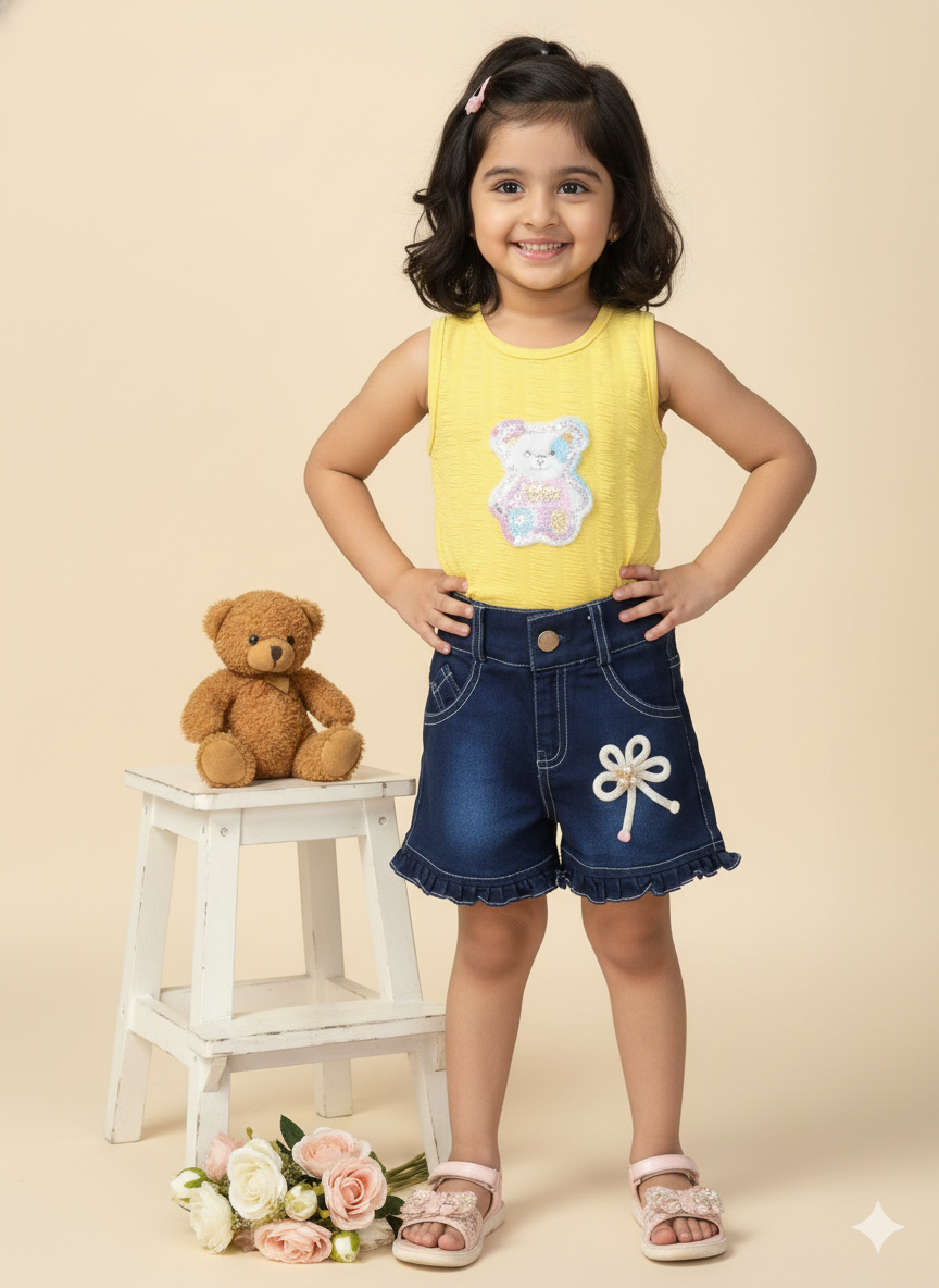 Girl Cotton Teddy Bear Top & Ruffle Denim Shorts Set