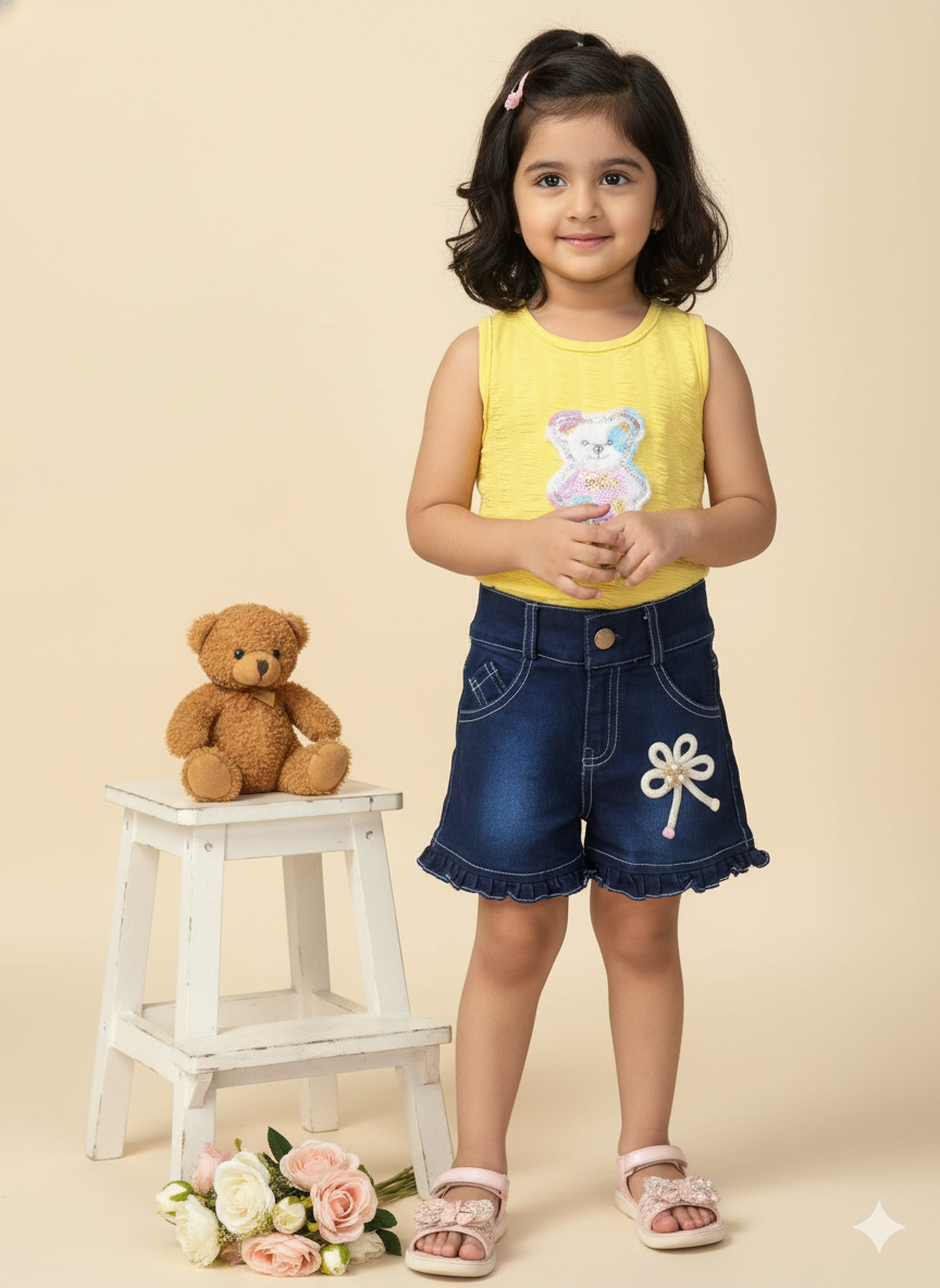 Girl Cotton Teddy Bear Top & Ruffle Denim Shorts Set